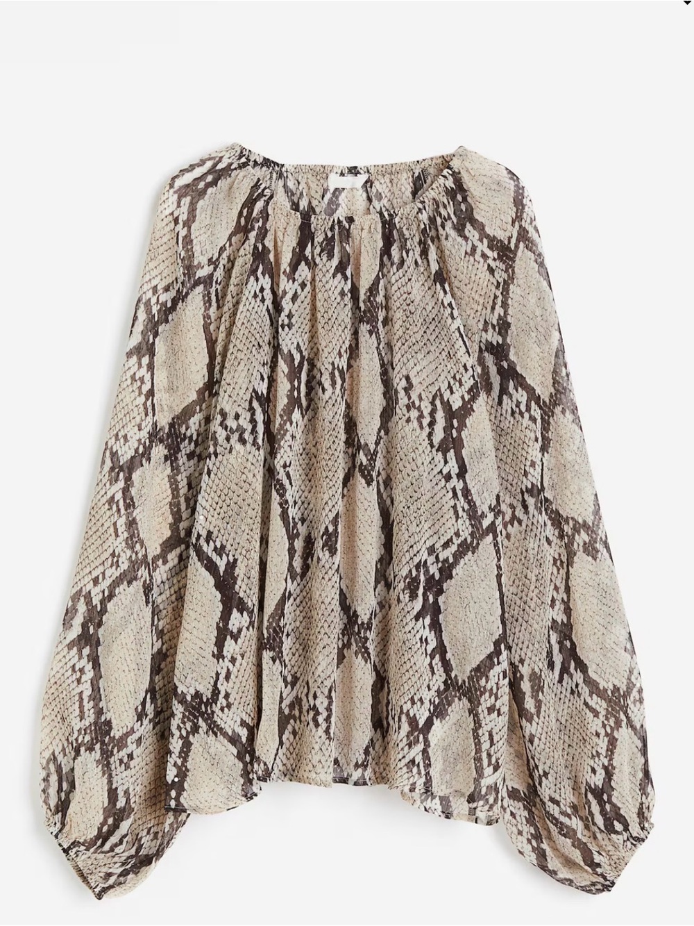 H&M Beige and Dark Brown Snake-Print Elastic Neck Flowy Sheer Top